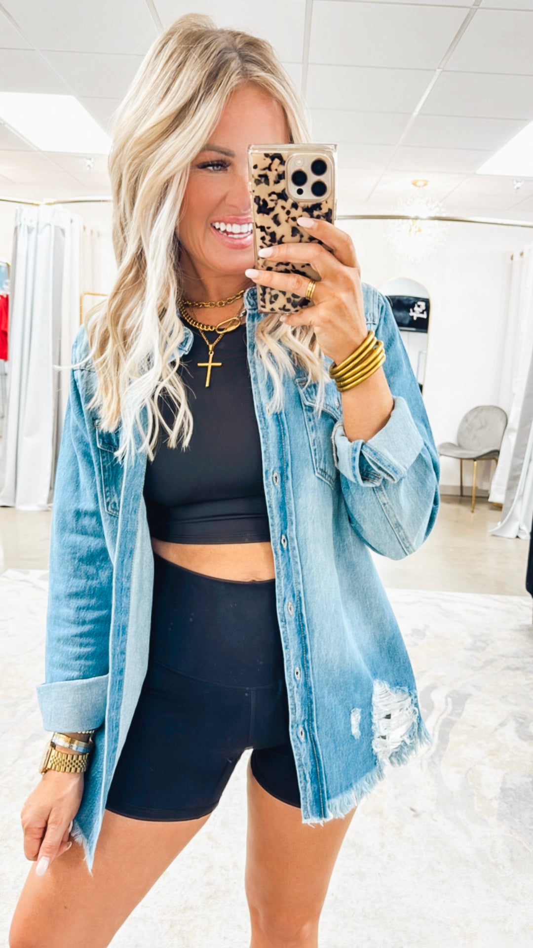 Risen Distressed Hem Denim Shirt - Medium Wash