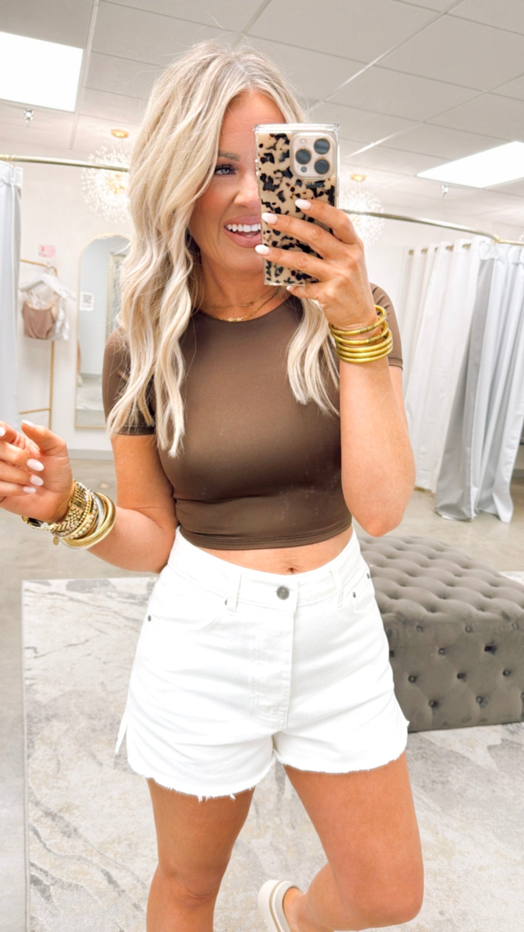 Round Neck Short Sleeve Crop Top - Brown