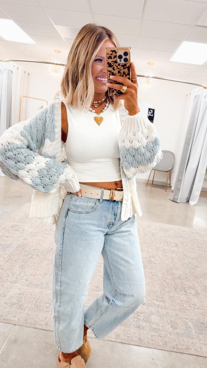 Textured Striped Sweater Cardigan- Off White/Blue