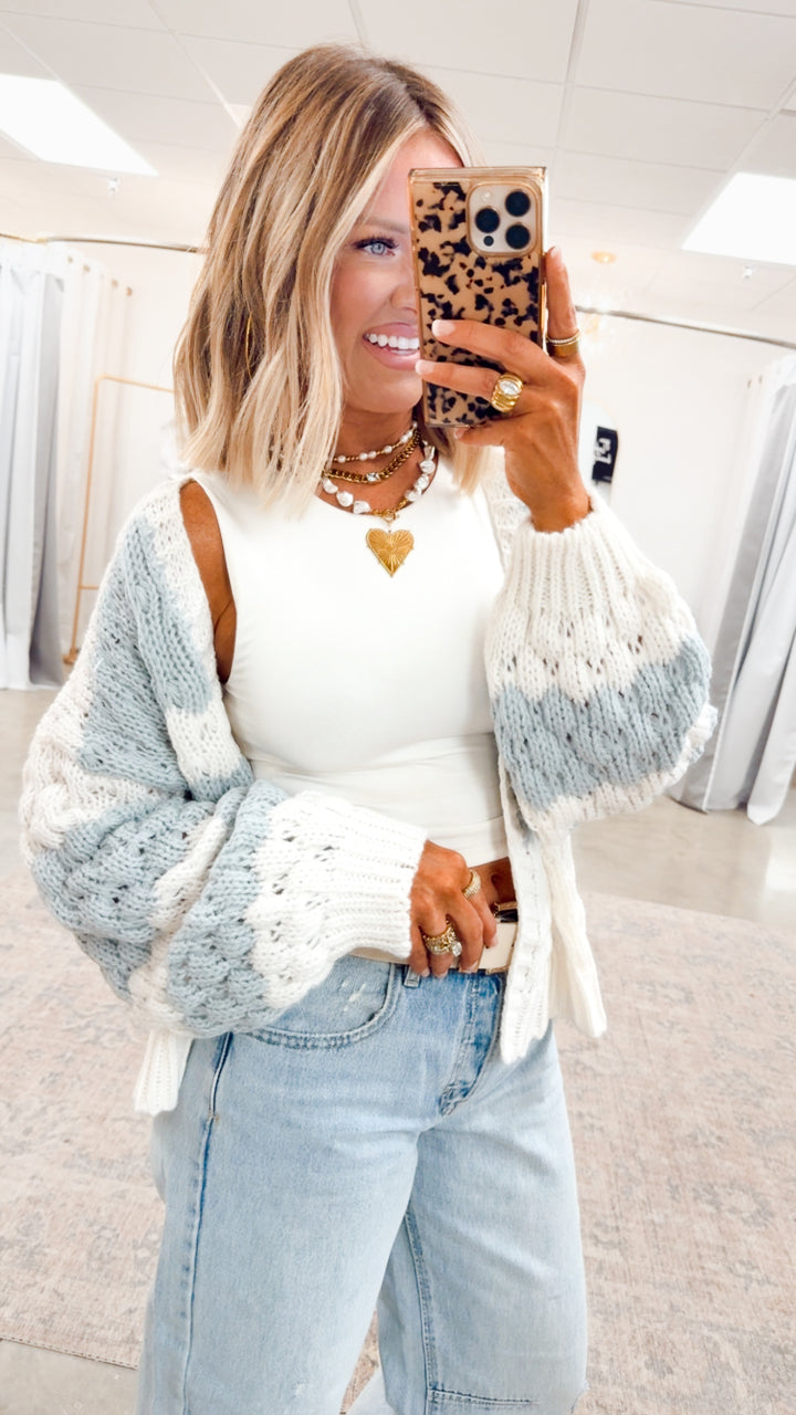 Textured Striped Sweater Cardigan- Off White/Blue