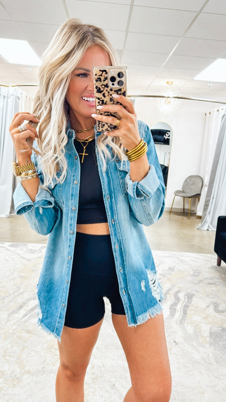 Risen Distressed Hem Denim Shirt - Medium Wash