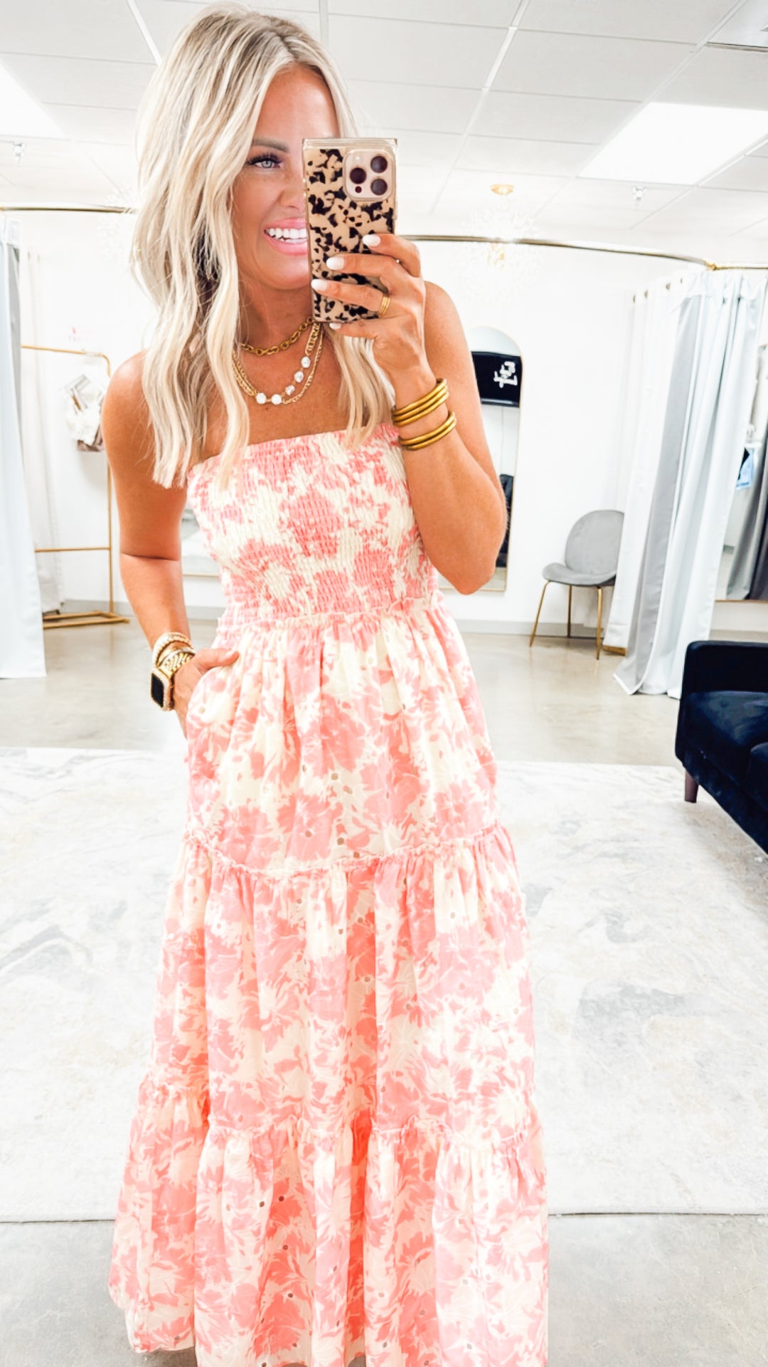Strapless Smocked Maxi Dress-Pink