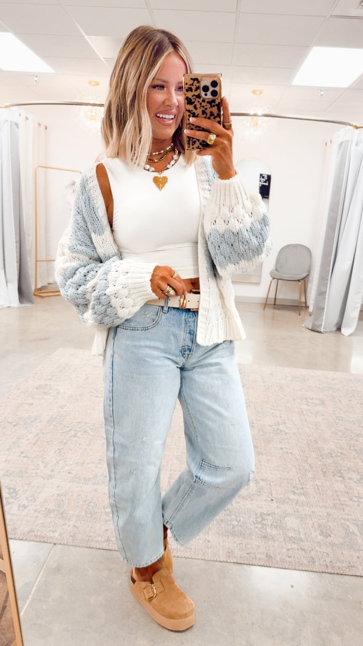 Textured Striped Sweater Cardigan- Off White/Blue