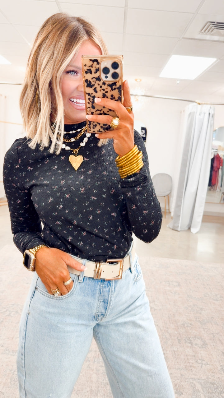 Bloomfield Mock Neck Top-Black/Pink