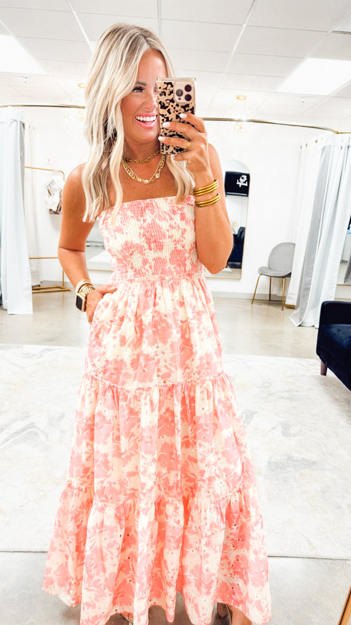 Strapless Smocked Maxi Dress-Pink