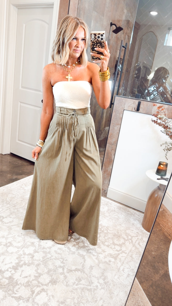 Pintuck Wide Leg Pants-Olive