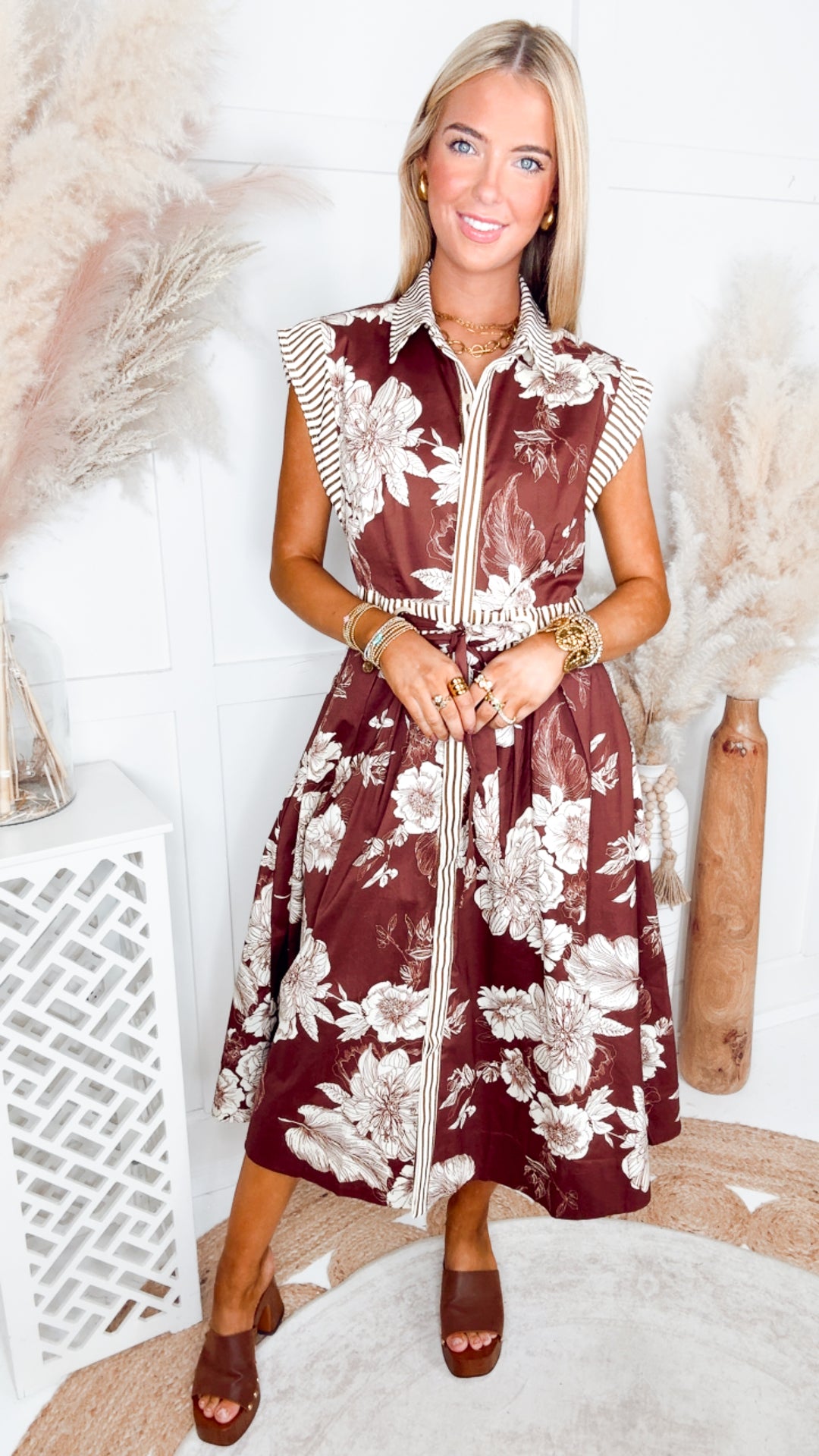 The Botanical Charm Midi Dress-Brown