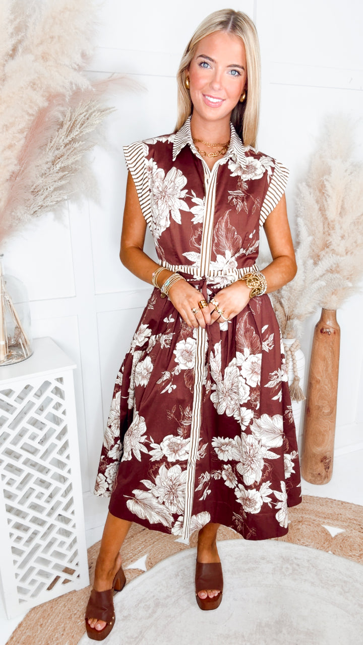 The Botanical Charm Midi Dress-Brown