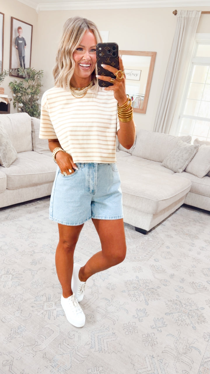 The Essential Cropped Stripe Tee-Taupe