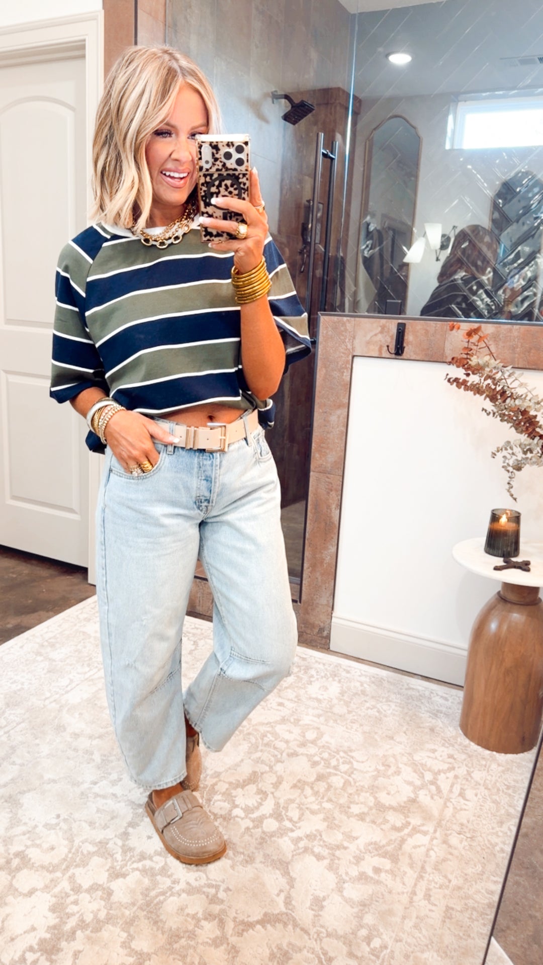 Stripe Edit Top-Olive/Navy