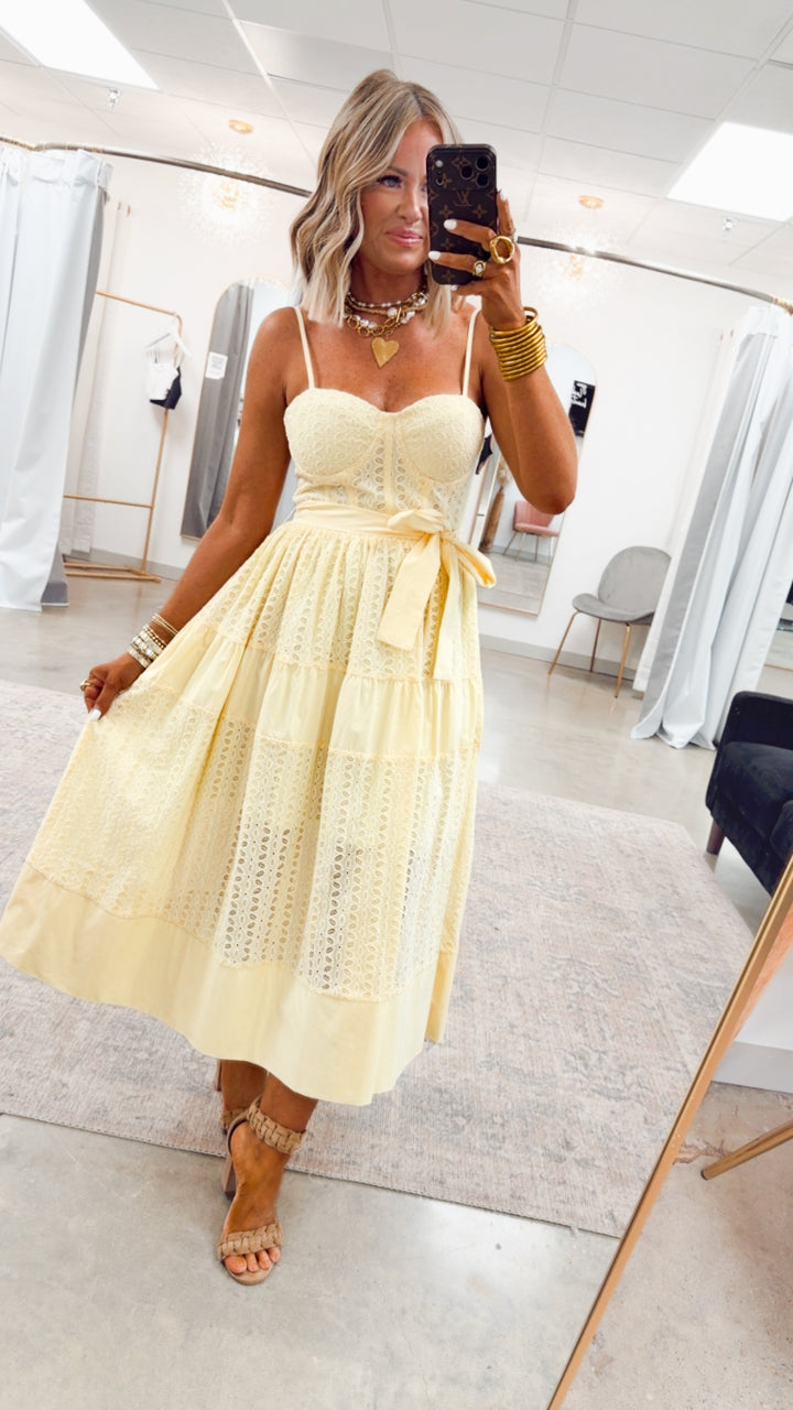 The Sunshine Lace Midi-Lemon Yellow