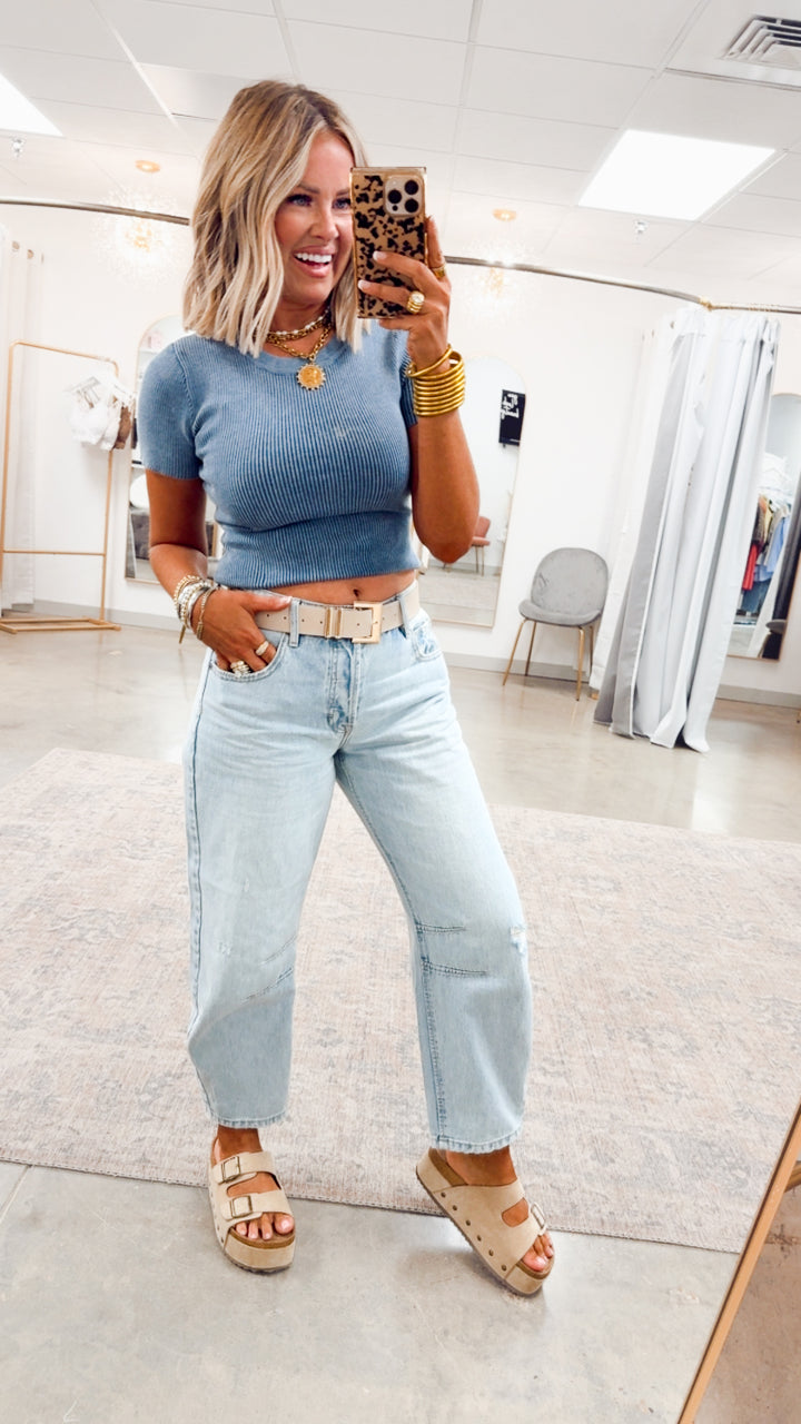 Washed Ribbed Cropped Tee-Slate Blue