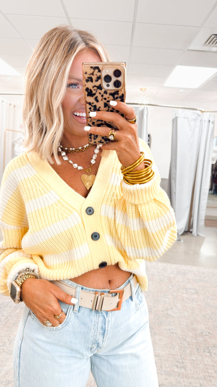 Sadie Striped Sweater Cardigan-Yellow