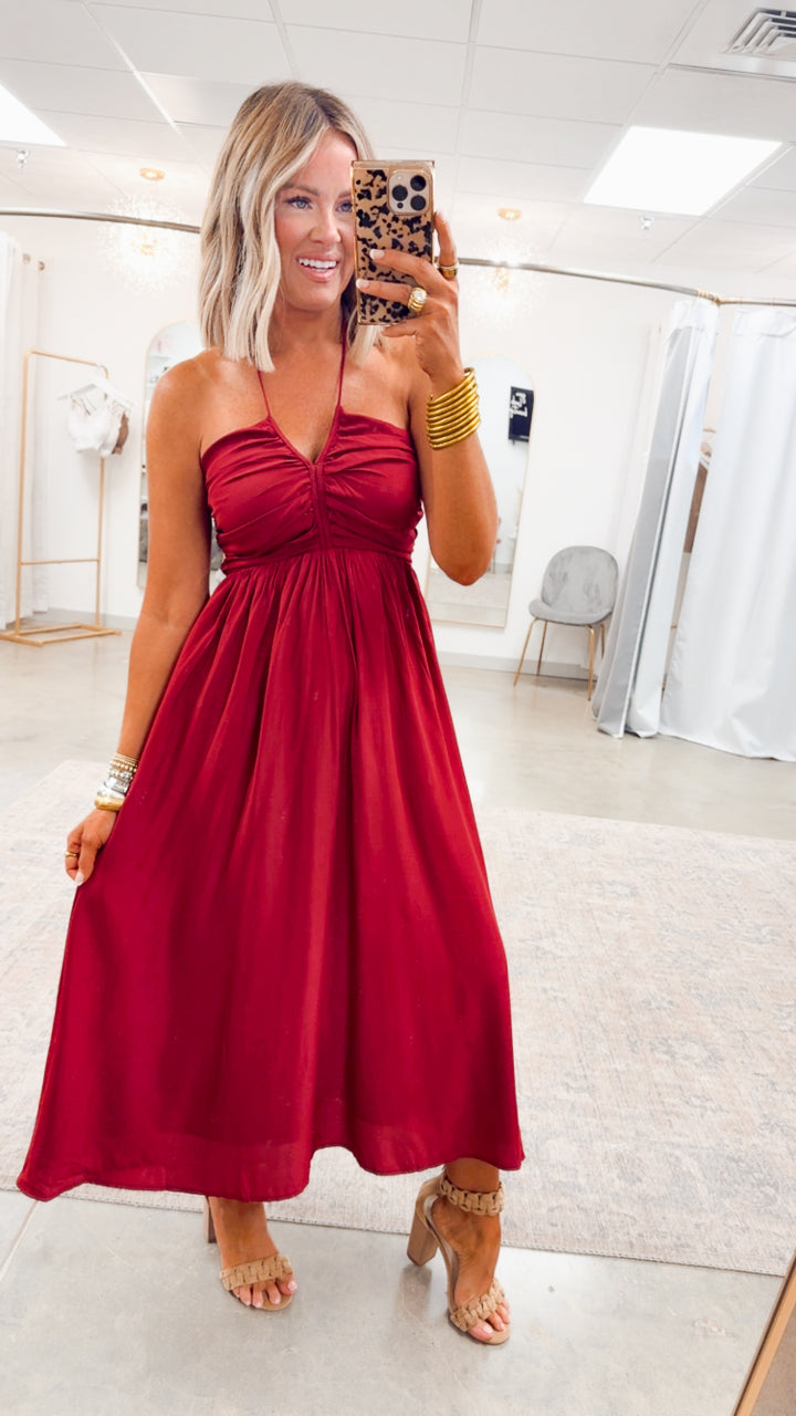 Anastasia Smocked Back Midi Dress-Wine