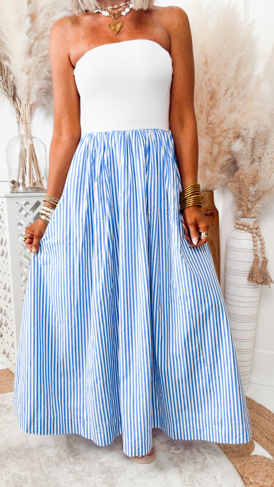 The Seaview Stripe Maxi Dress-Blue