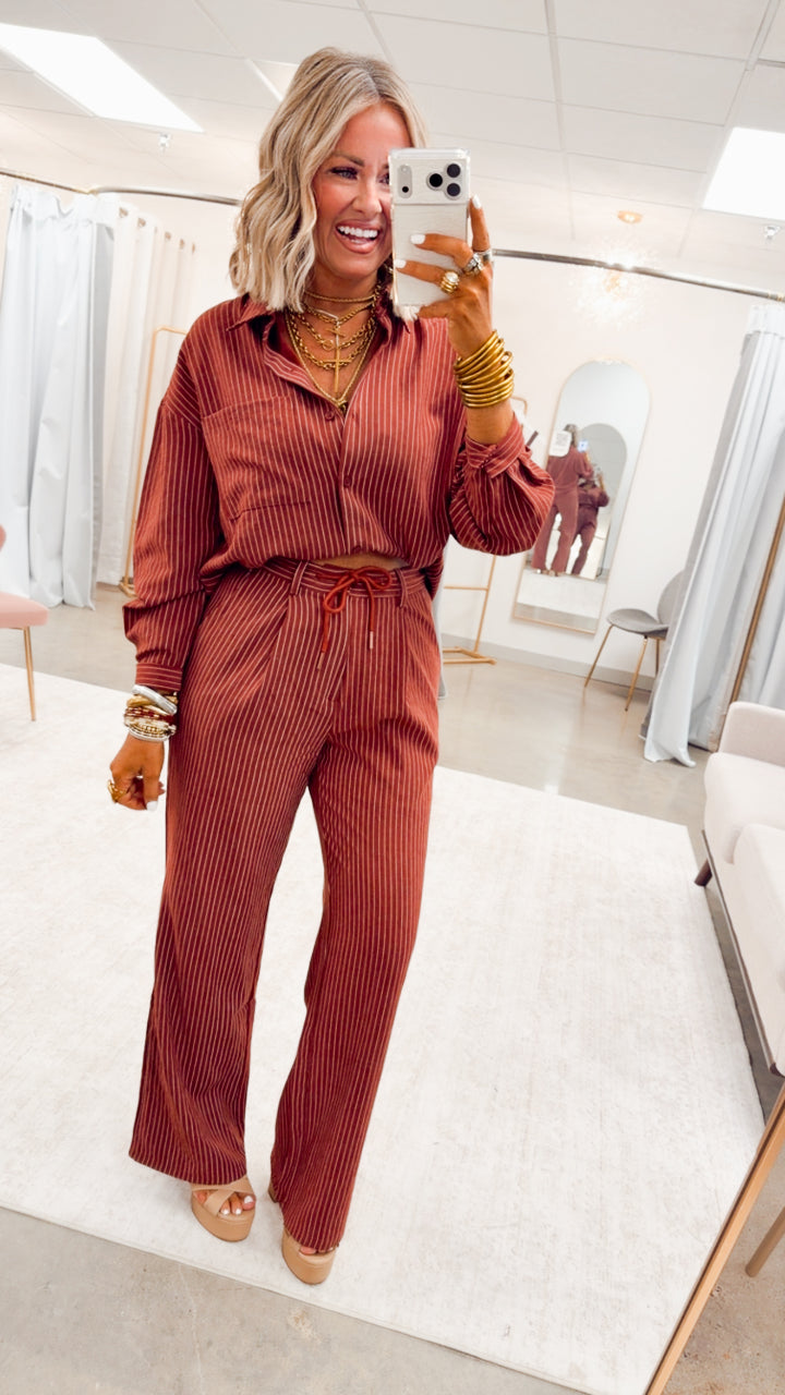 Lexi Pinstripe Top & Pants Set-Burgundy