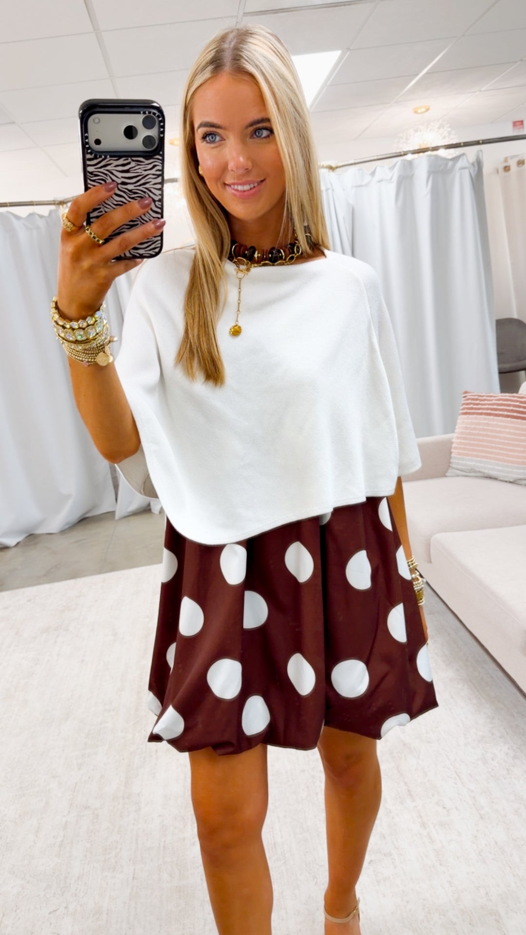 Darling Polka Dot Bubble Hem Dress-Brown/Ivory