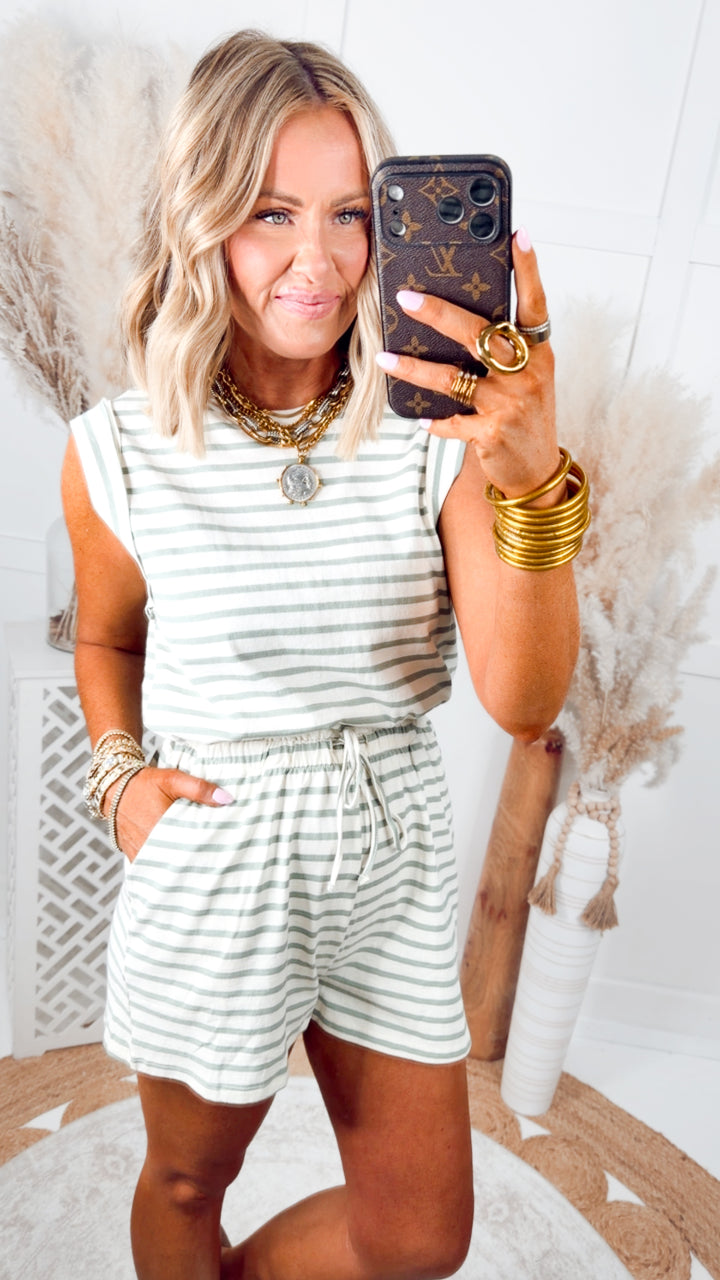 The Sadie Stripe Romper-Sage Green