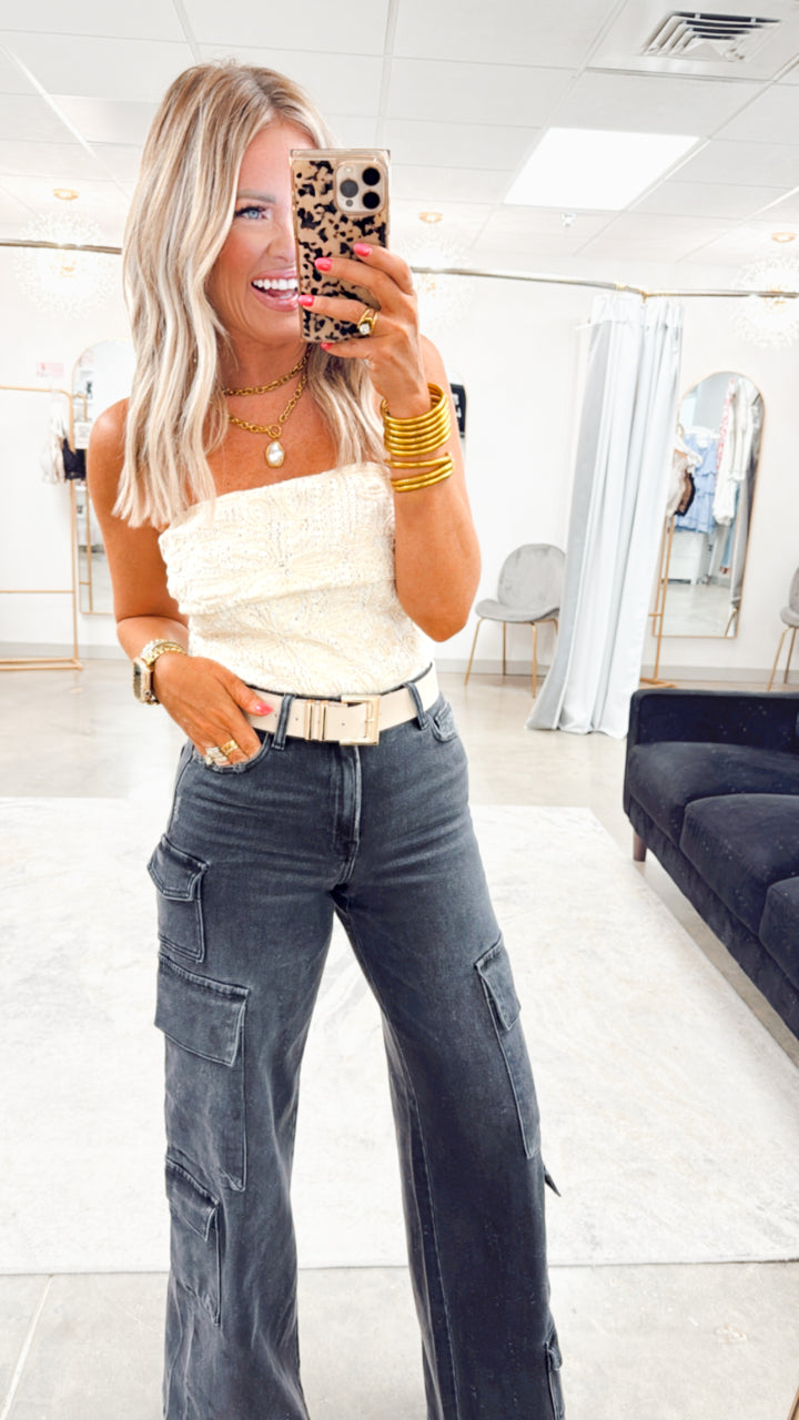 Charcoal Couture-High Rise Cargo Jeans