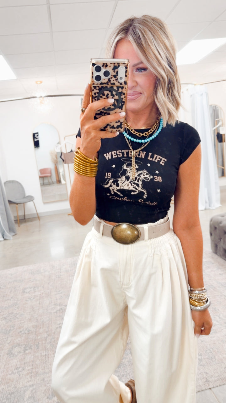 Western Life Graphic Crop Tee-Black