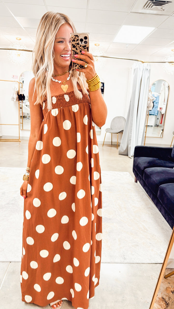 Polka Dot Smocked Maxi Dress- Brown