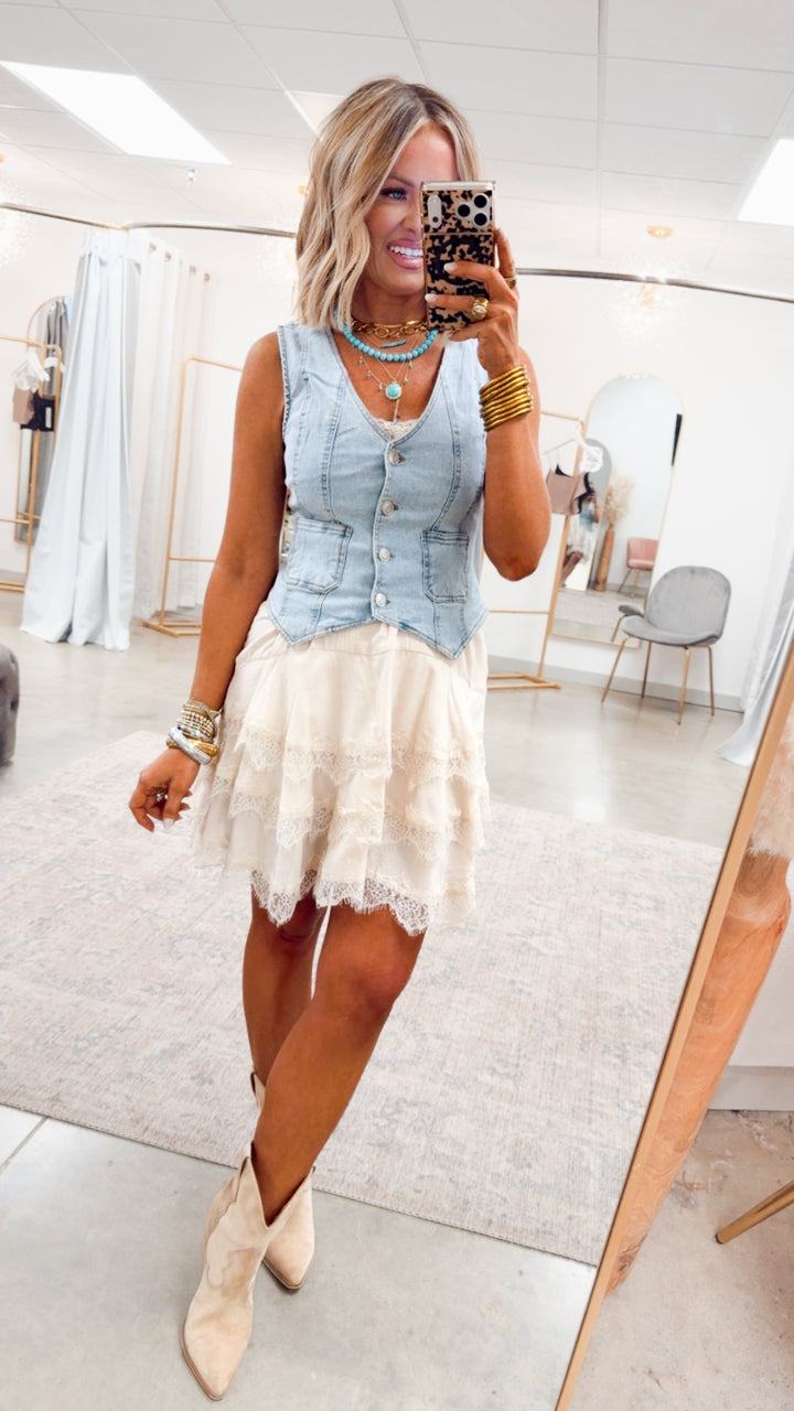 Scallop Lace Slip Mini Dress-Cream