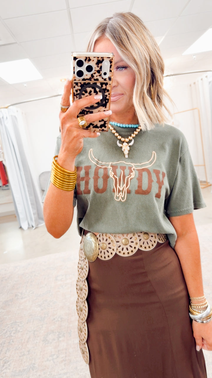 Howdy Longhorn Tee-Olive