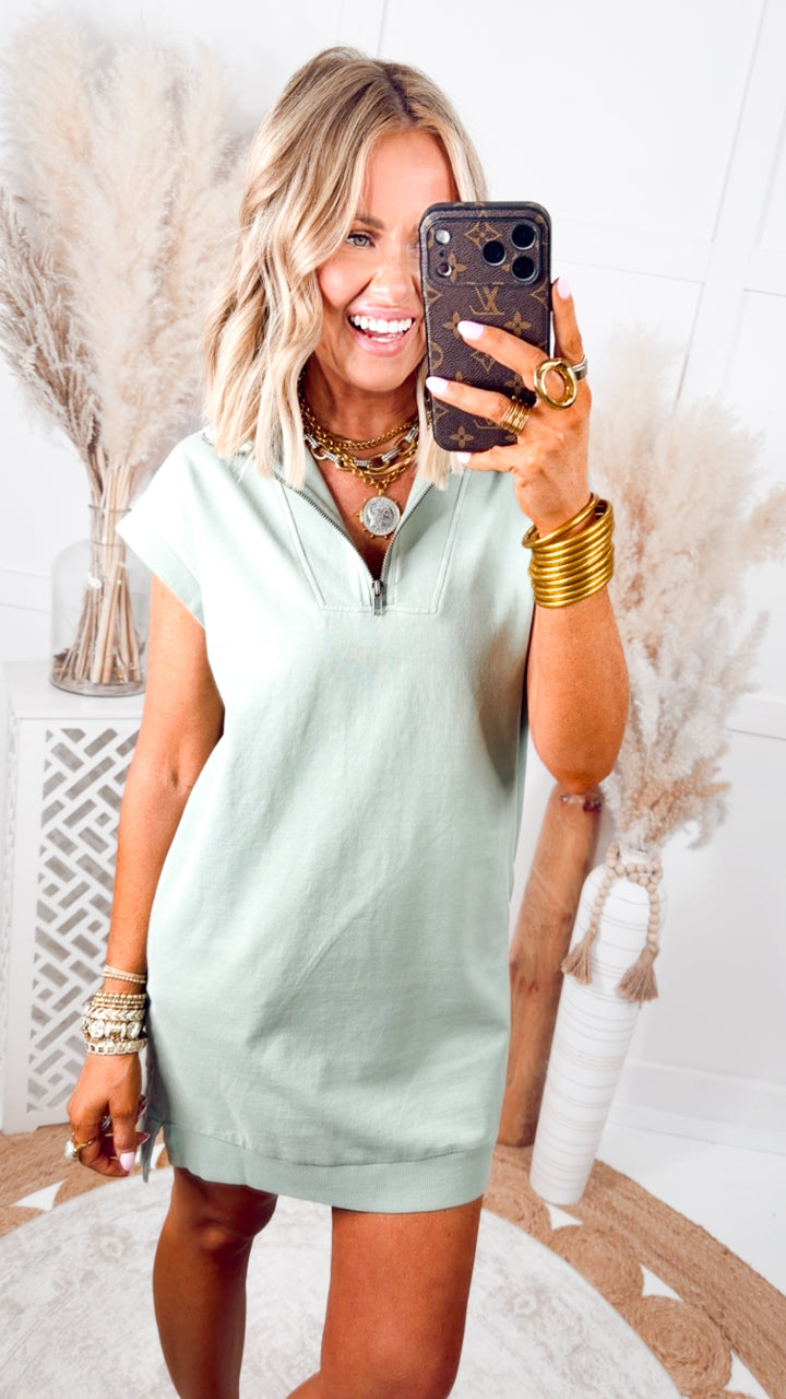 The Varsity Zip Mini Dress-Sage Green