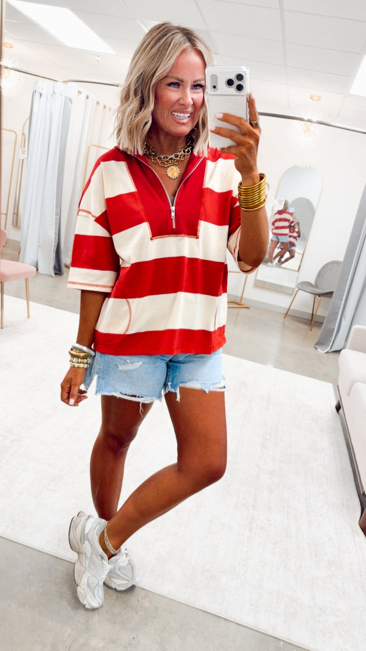 The Collins Half Zip Top-Red/Cream
