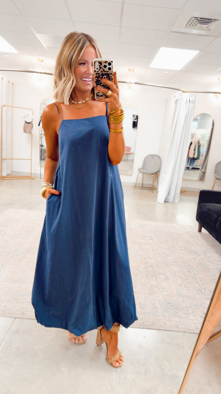 The Kaia Bubble Hem Midi Dress-Navy
