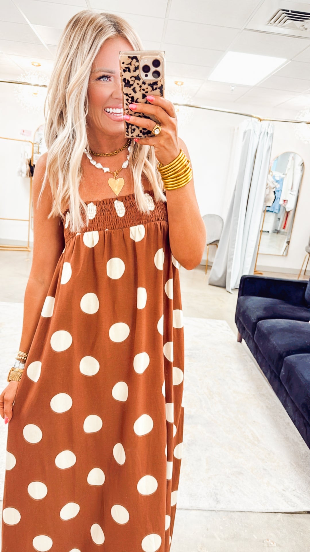 Polka Dot Smocked Maxi Dress- Brown