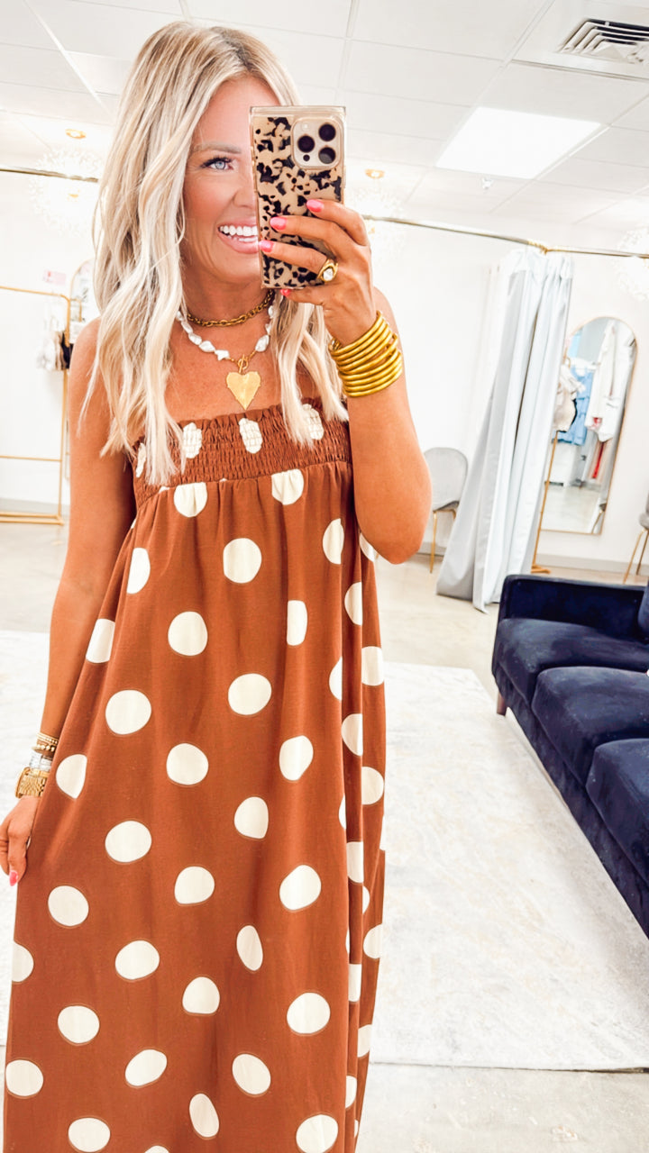 Polka Dot Smocked Maxi Dress- Brown