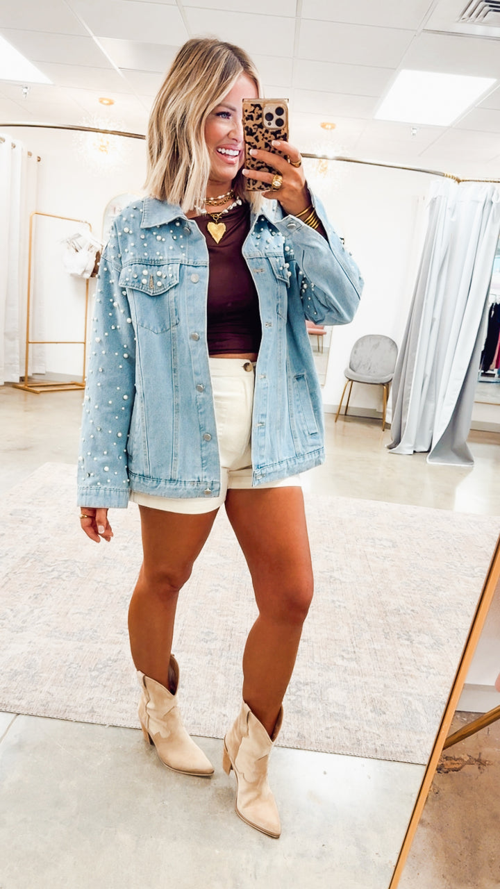 Pearl and Rhinestone Denim Jacket