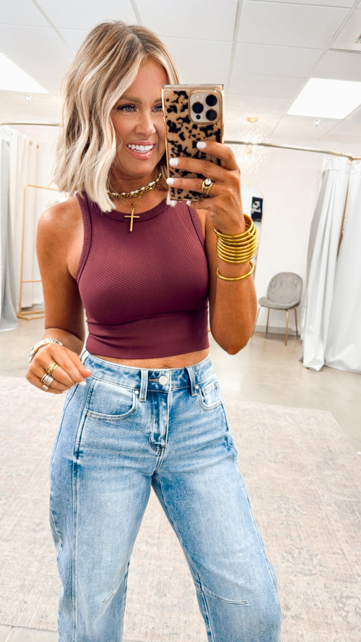 Basic Highneck Crop Top-Maroon