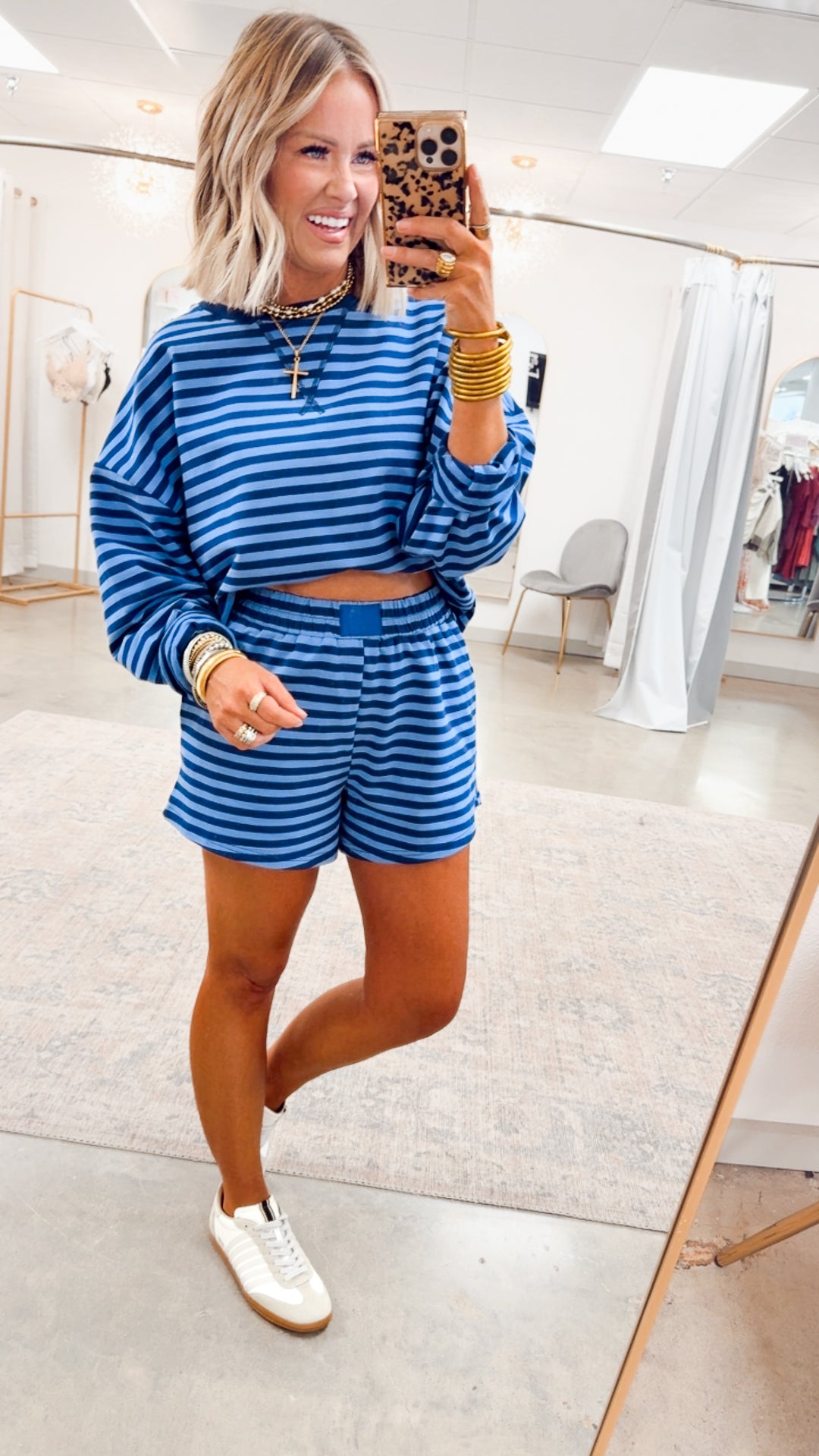 Lennon Stripe Shorts Set-Navy/Blue