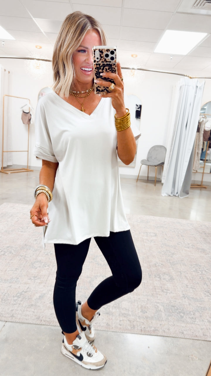 Rolled Short Sleeve V-Neck Top-Bone