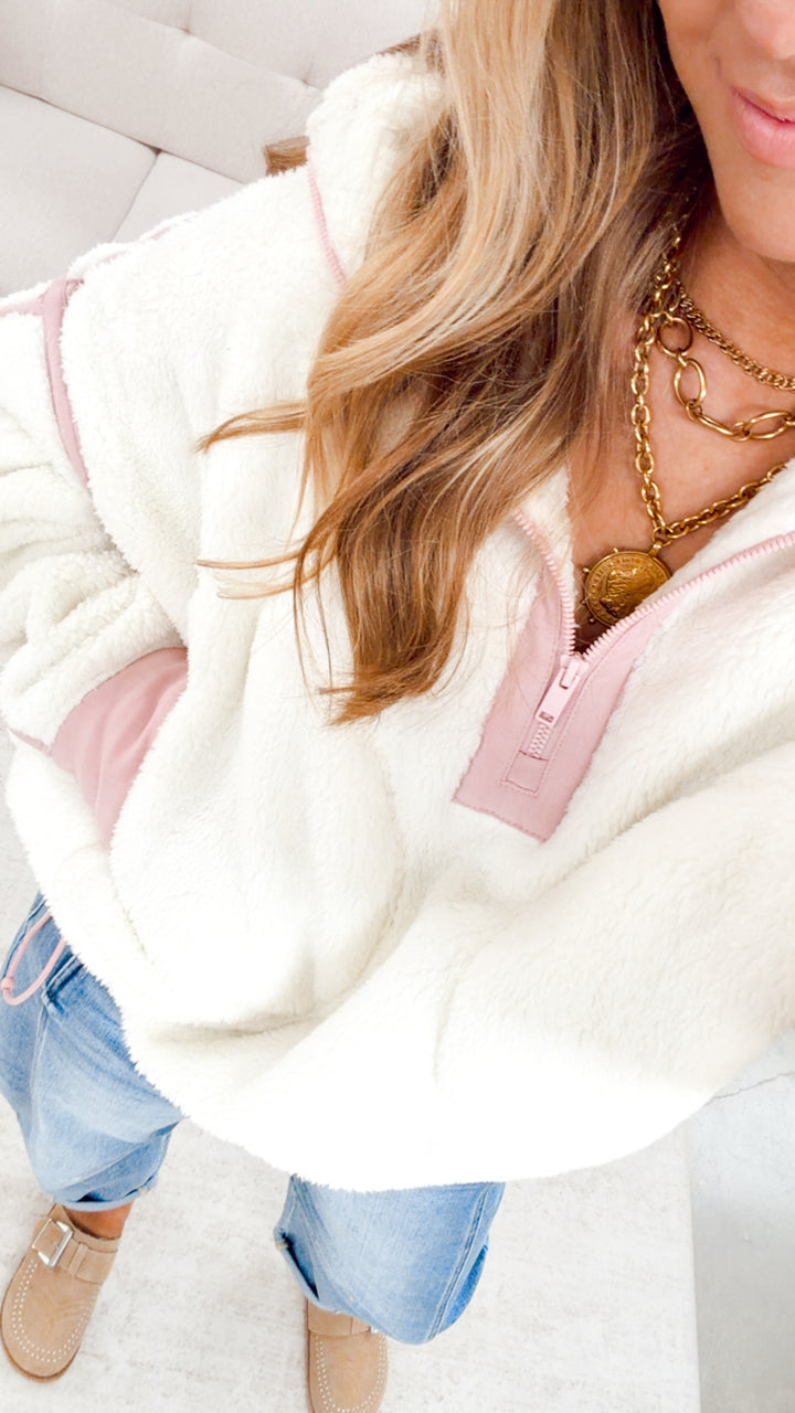 Sherpa Mock Neck Quarter Zip Jacket-Ivory/Pink