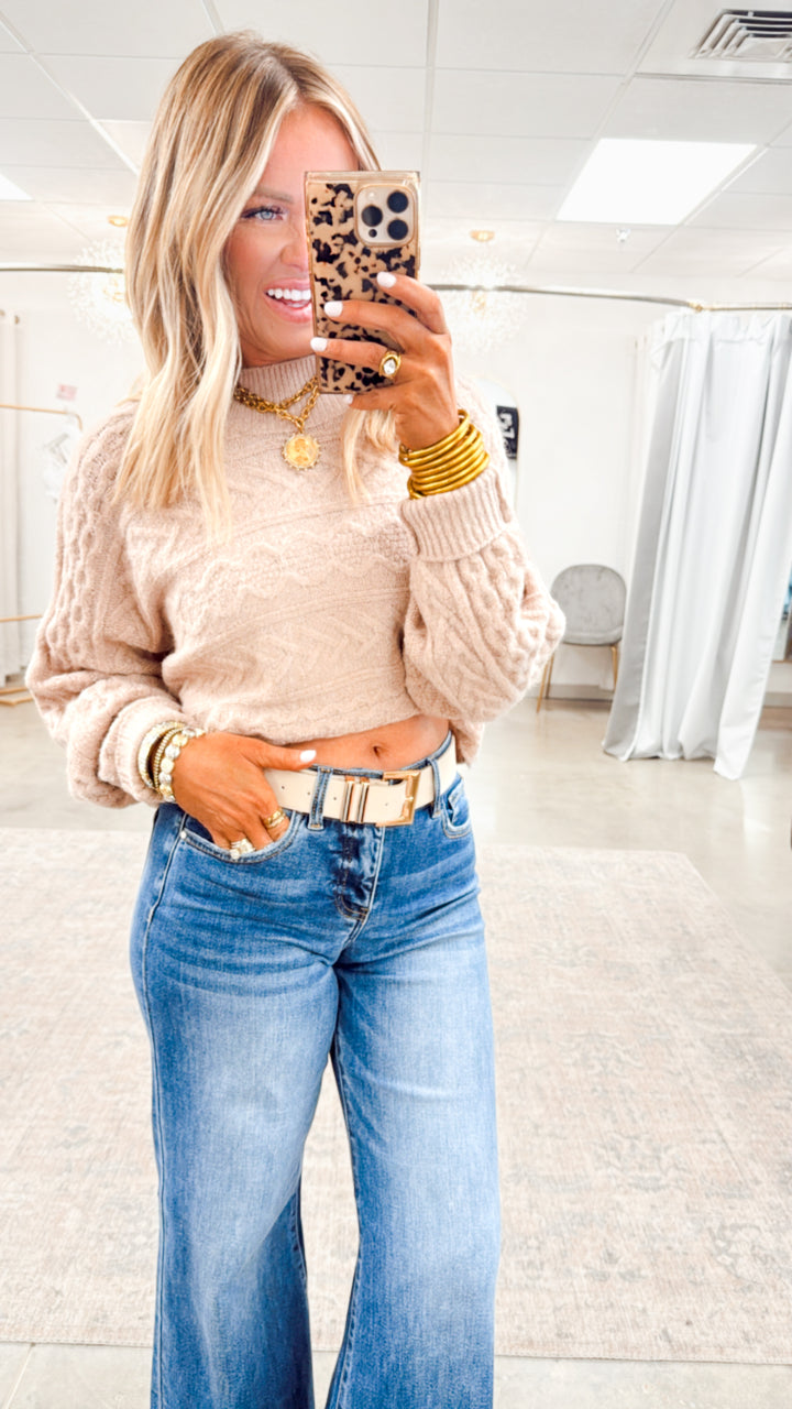 Brielle Cable Knit Cropped Sweater-Rose