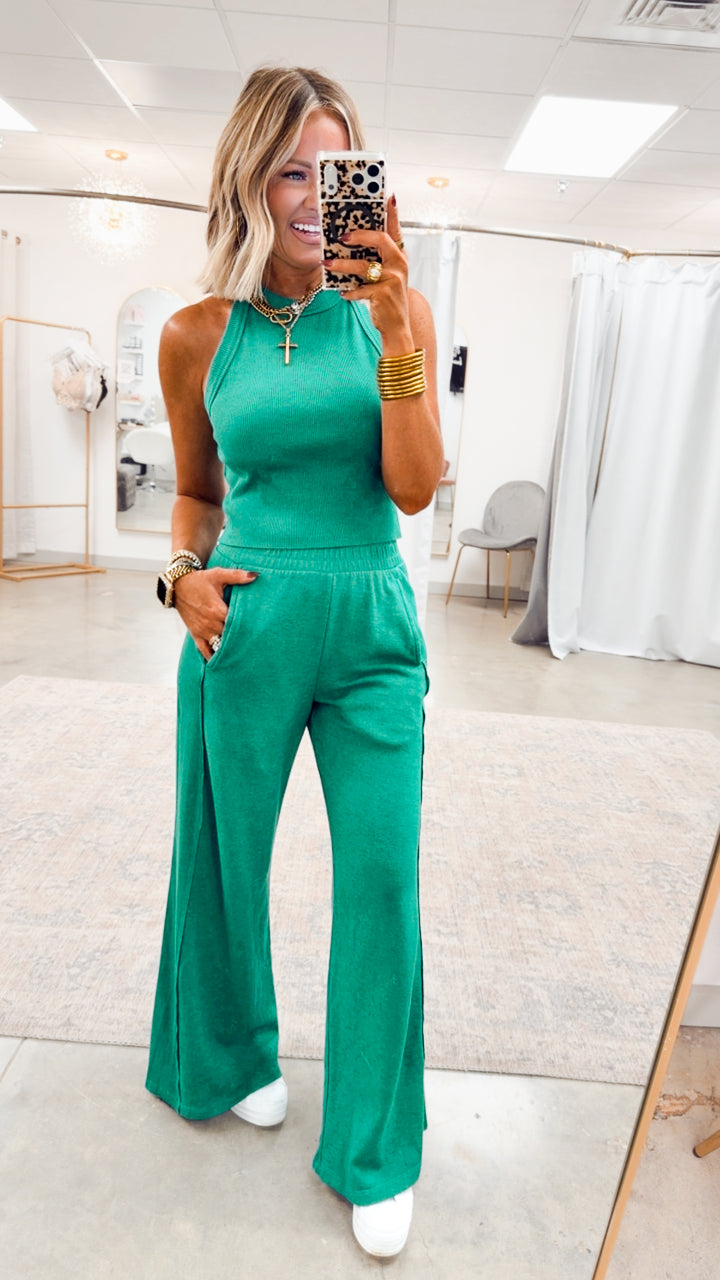 Harlow Halter Neck Crop Top & Pants Set-Kelly Green