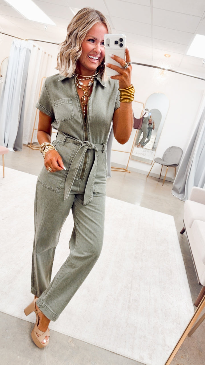 The Maverick Denim Jumpsuit-Olive