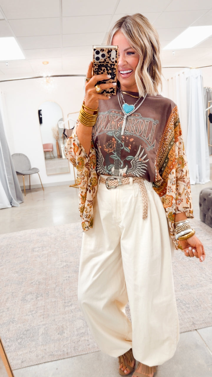 Rock N Roll Graphic Kantha Top-Brown