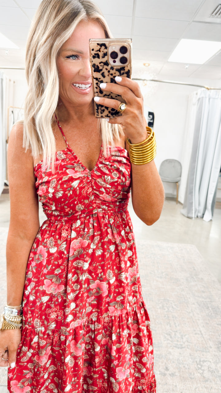 Cascade Halter Tiered Midi Dress