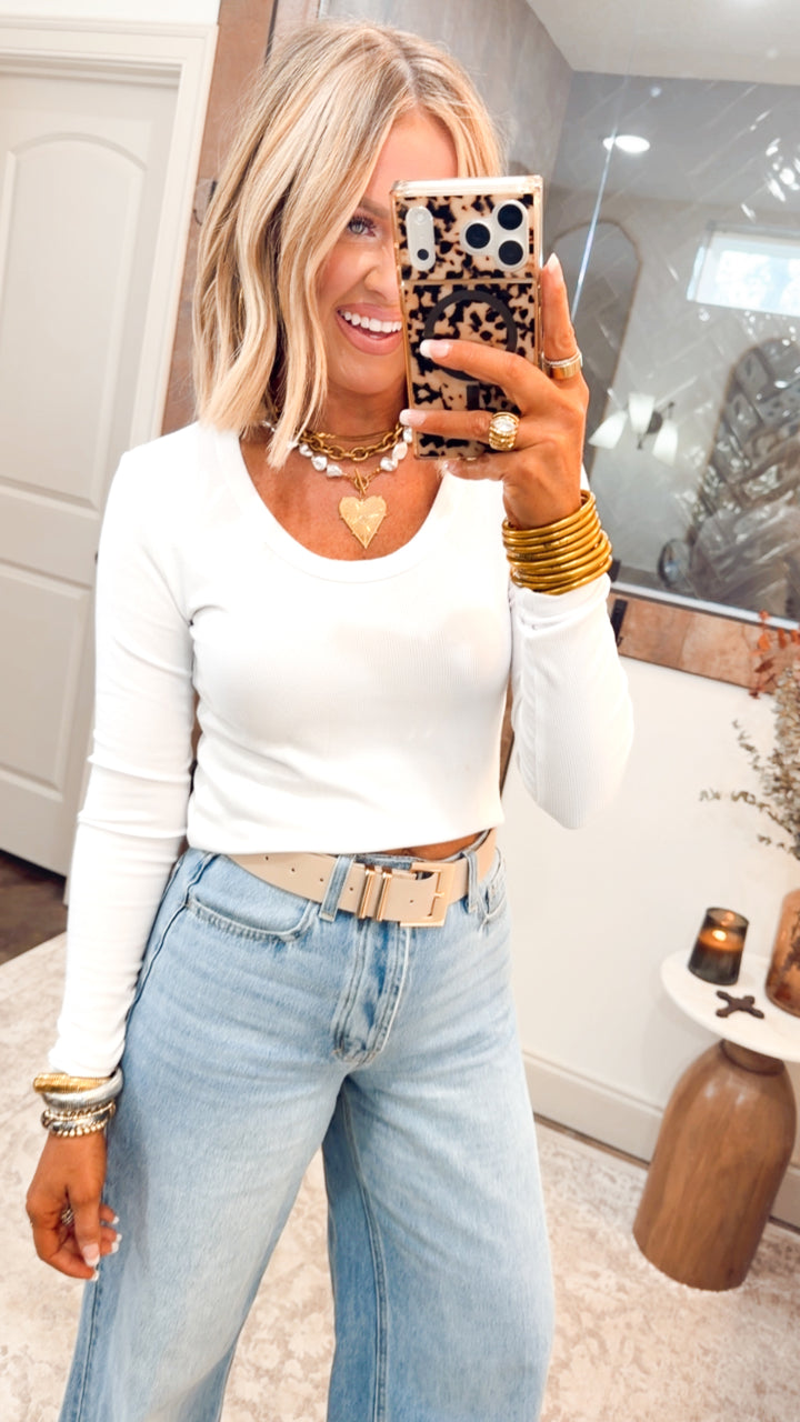 Classic Long Sleeve Scoop Neck Top-White