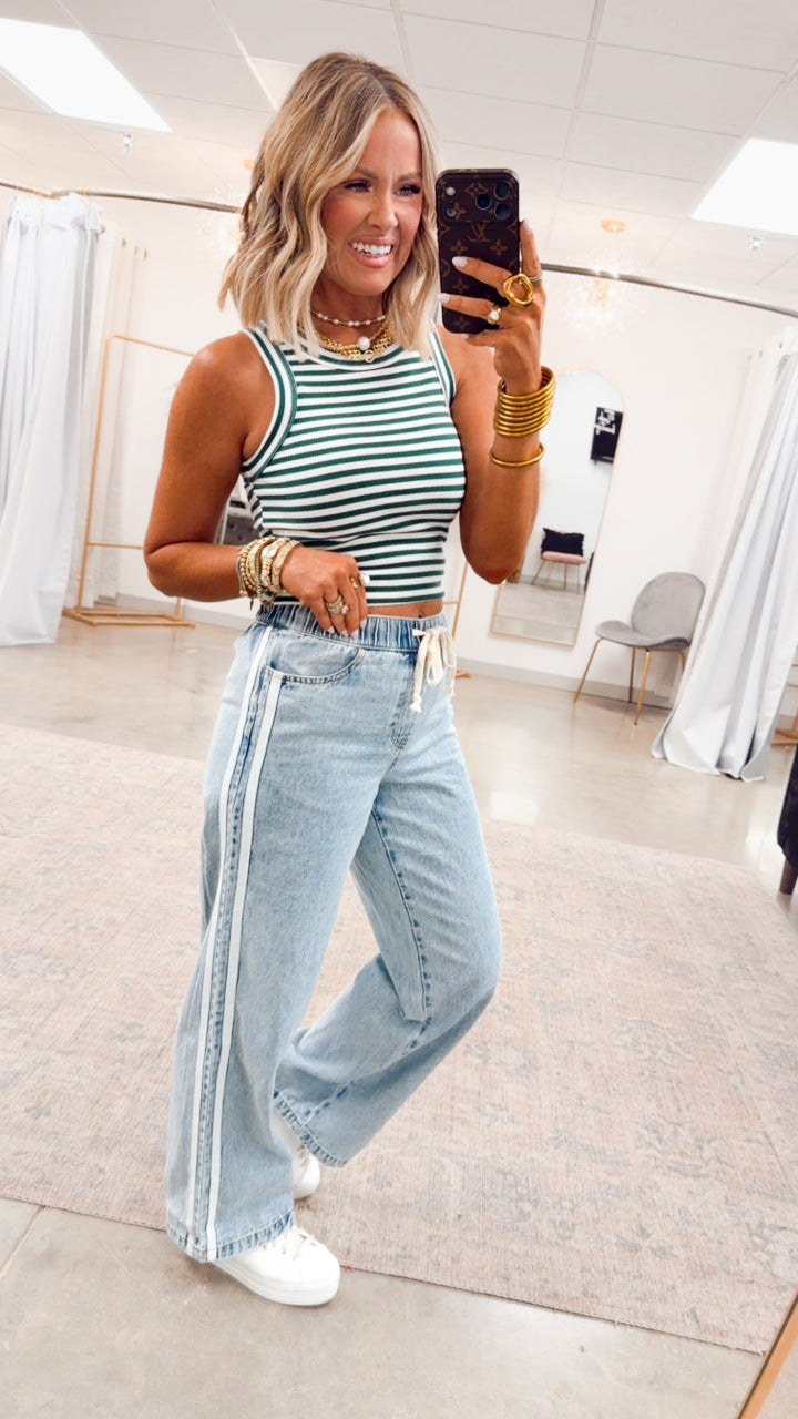 Striped Ribbed Racerback Tank-Green