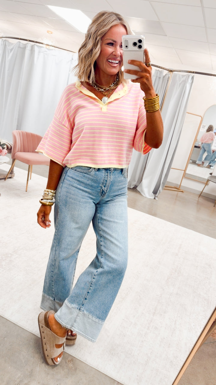 The Shoreline Henley Tee-Pink Lemonade