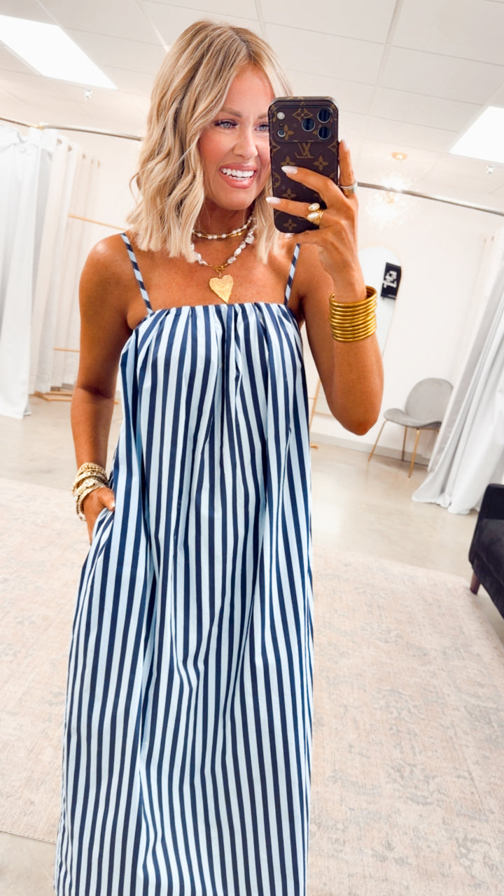 The Brine Stripe Midi Dress-Blue/Navy
