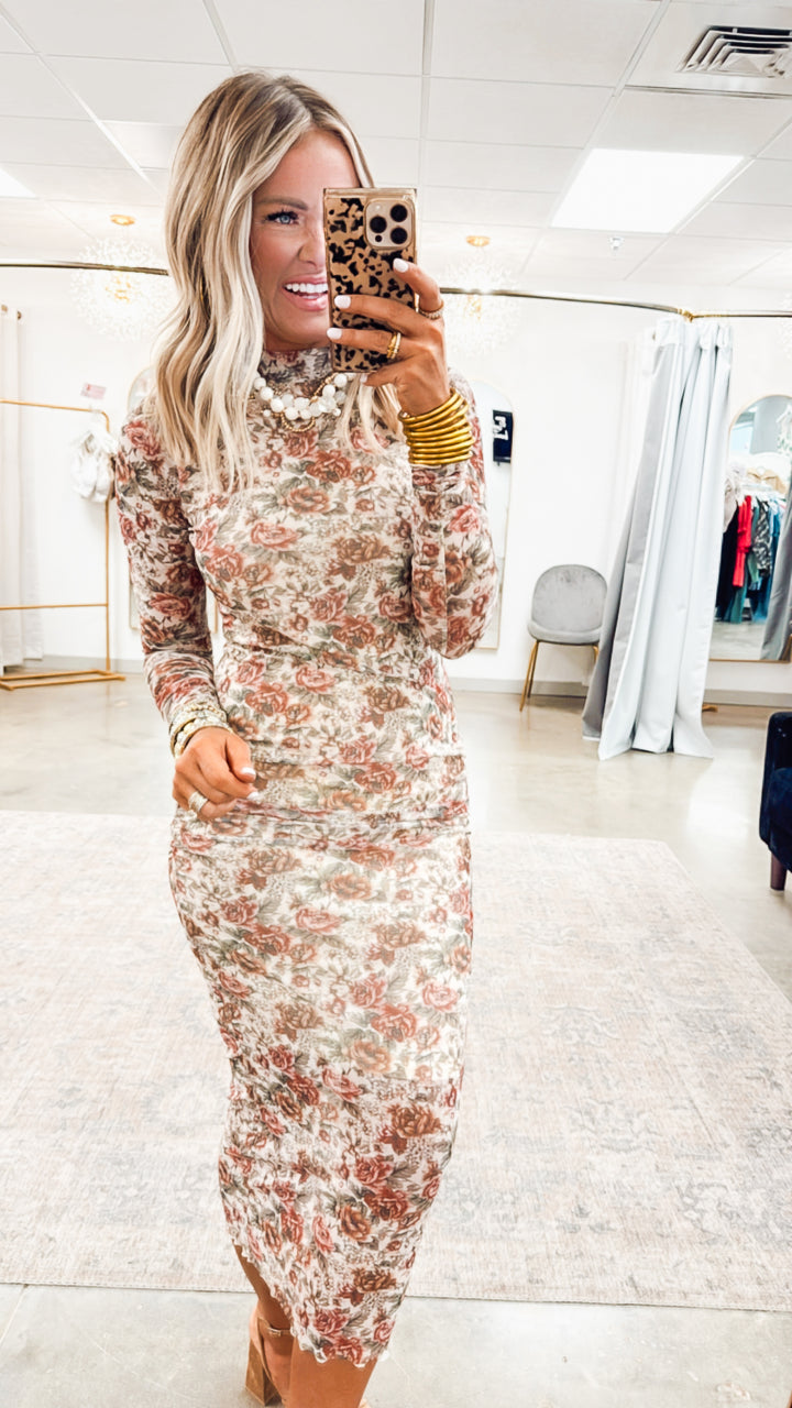 Autumn Floral Mesh Midi Dress
