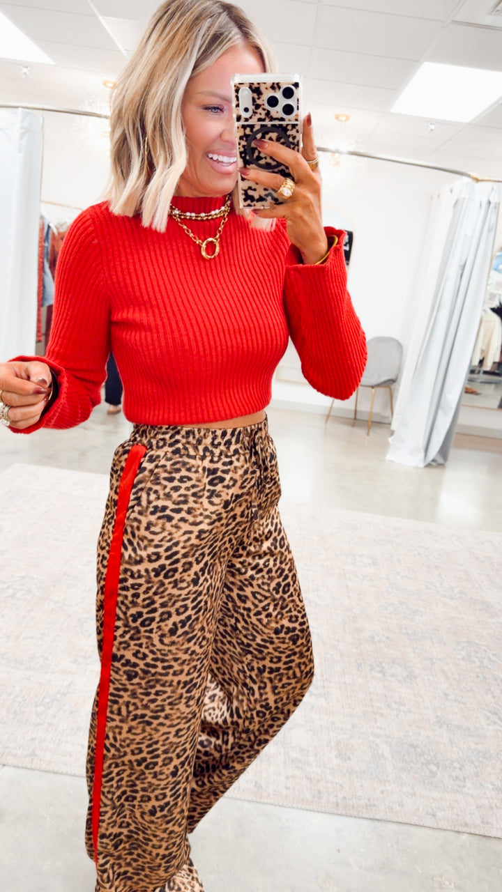 Sleek Mock Neck Ribbed Top-Red