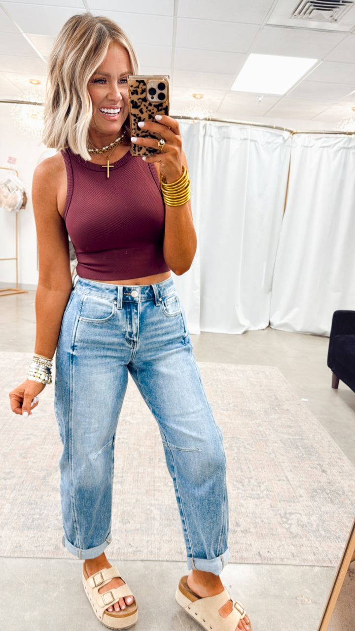 Basic Highneck Crop Top-Maroon