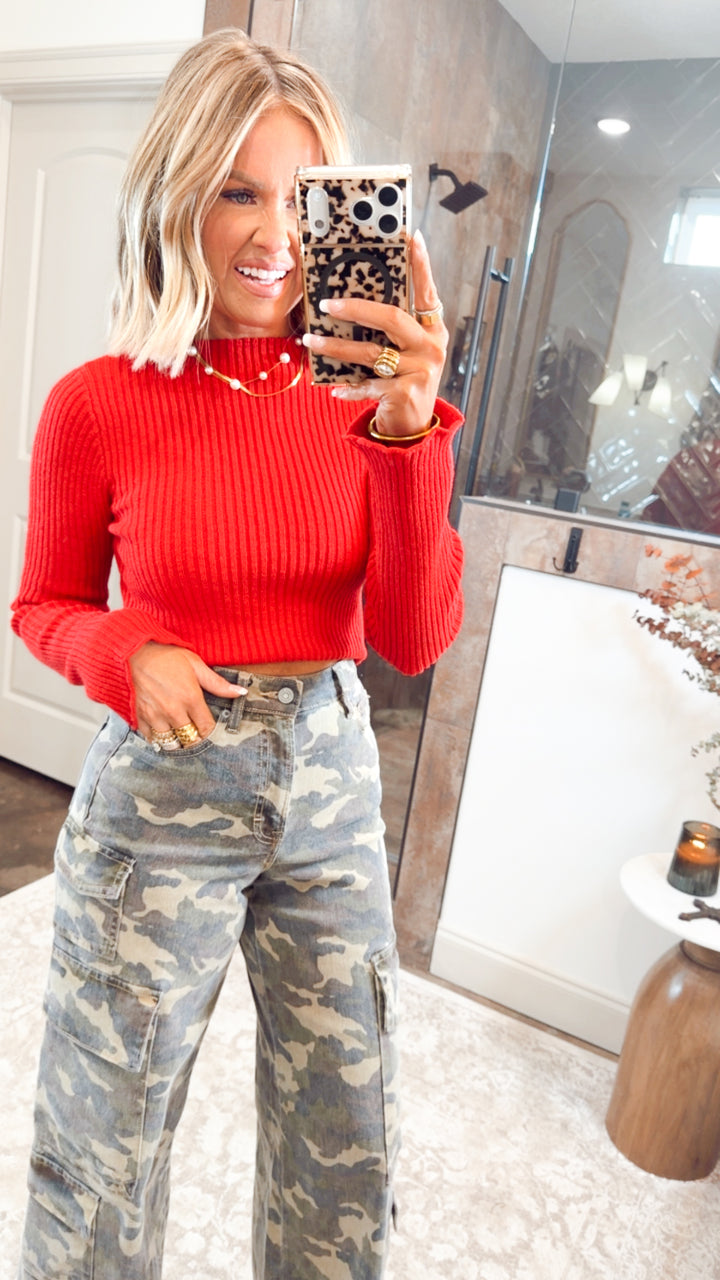 Sleek Mock Neck Ribbed Top-Red